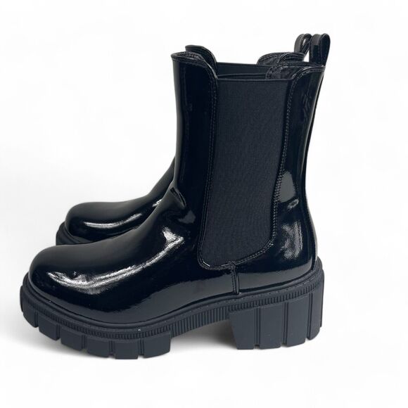 Black Patent Vegan Pull On Boots 10 Chunky Platform Gothic Fairy Grunge Rain - Picture 4 of 7